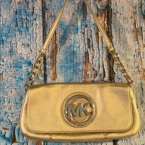 Michael Kors Gold Soft Leather Long Strap Metallic Detail Shoulder Handbag Purse - Picture 1 of 16